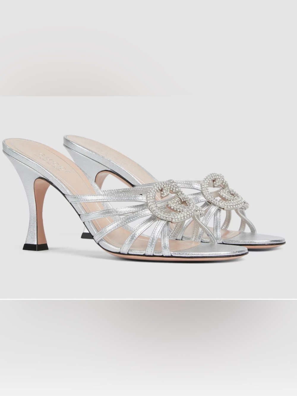 Gucci Interlocking G 85mm Silver Leather Crystal GG Logo Heel Mule
Sandal 38.5